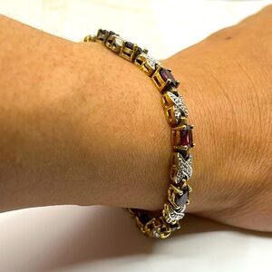 Vintage Sterling Silver 925 Garnet Bracelet 7.5” Estate 15.9g Two-Tone Design
